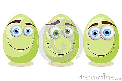 Happy Easter! Vector isolated illustration with three happy green happy eggs and eyes on white background. Cartoon Illustration